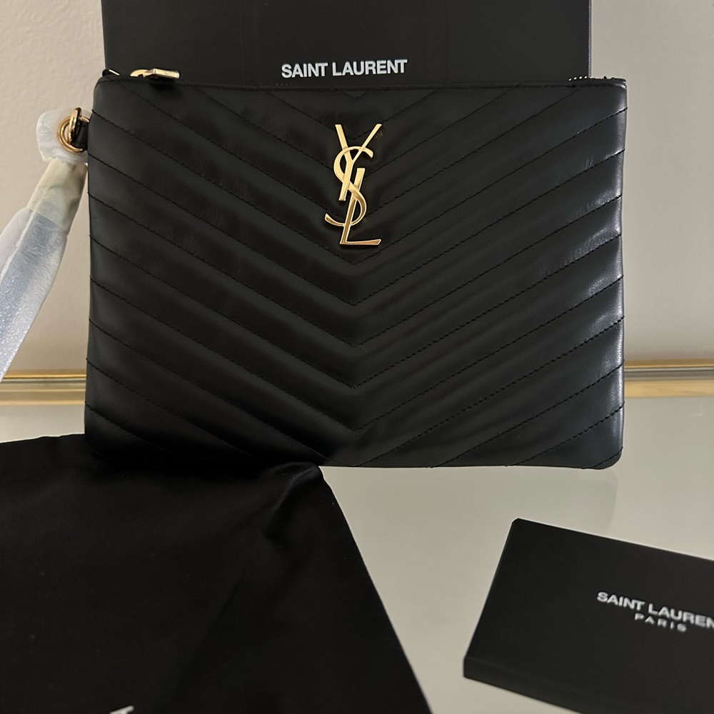 YVES SAINT LAURENT
Black Matelasse Quilted Leather Monogram Jolie Pouch Wristlet